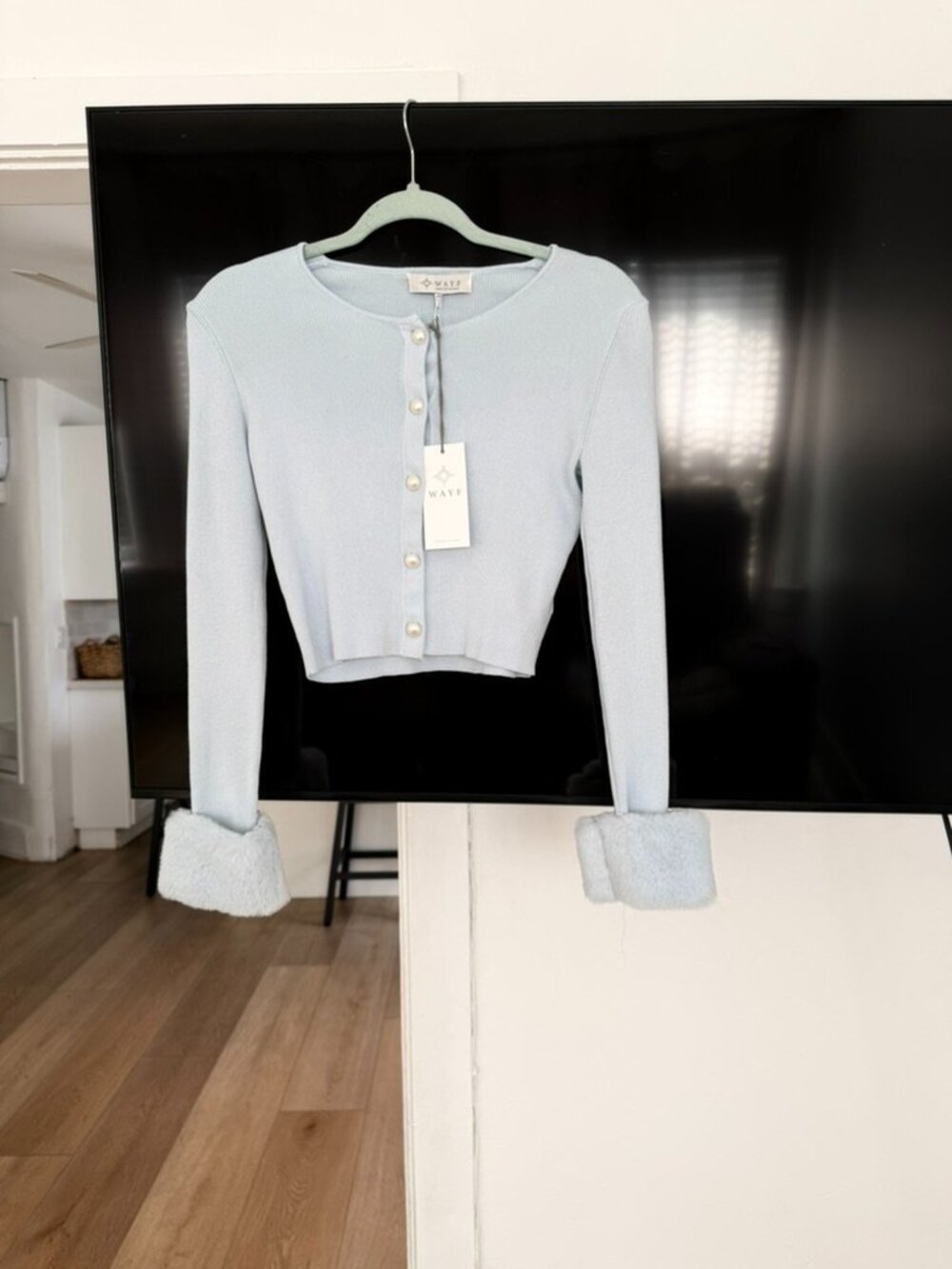 NWT WAYF Powder Blue Faux Fur Cuff Crop Cardigan - Size XS
